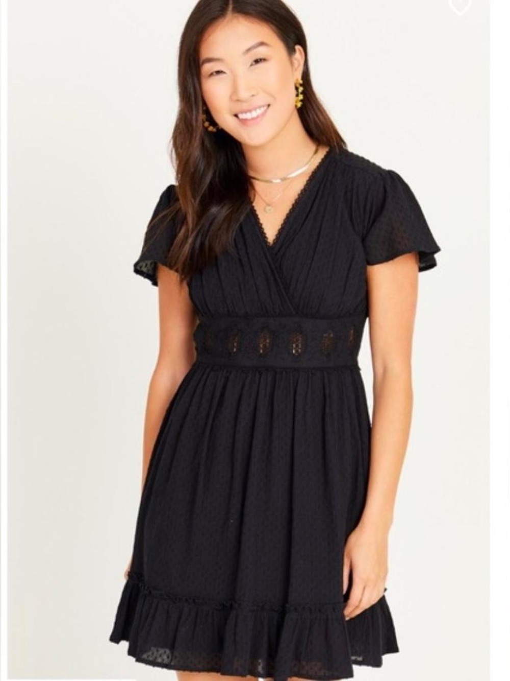 NWT Altar’d State Lace Black Short Sleeve Babydoll V-Neck Dress Eyelet Detail S
